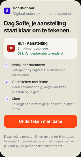 Ontwerpmockup voor een personeelslid: een aanstelling bekijken en ondertekenen met itsme.